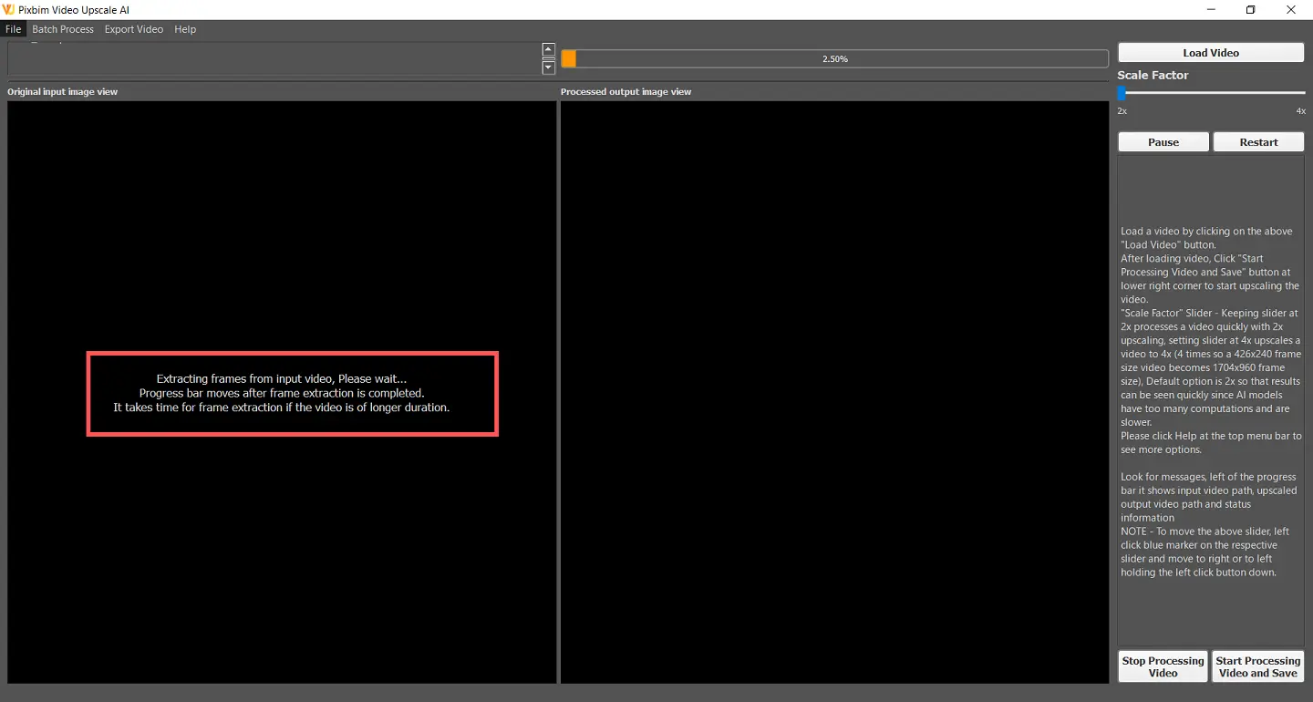 Screenshot shows extraction of input frames from the video for upscaling in Pixbim Video Upscale ai